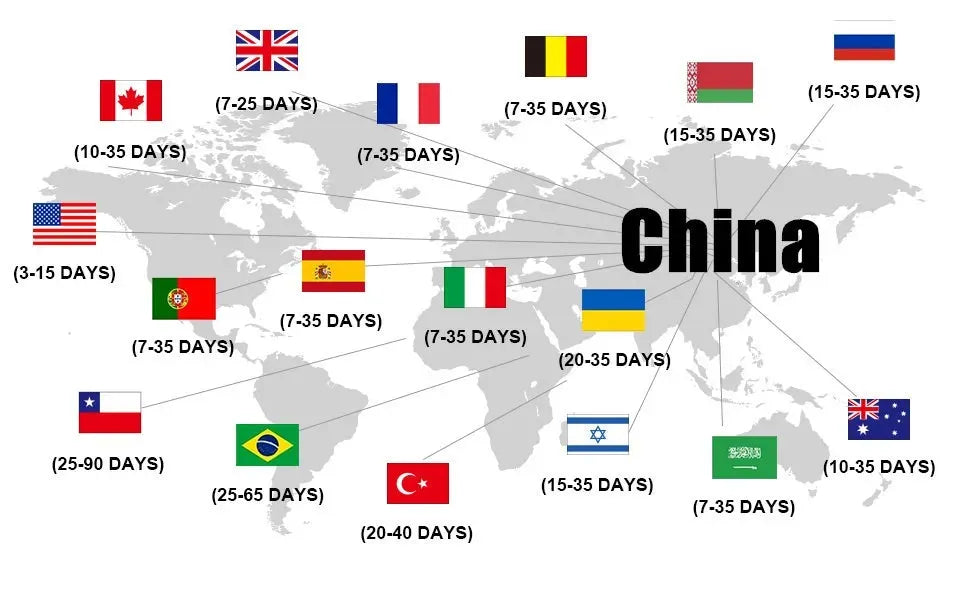 Worldwide shipping map with country flags and delivery time ranges