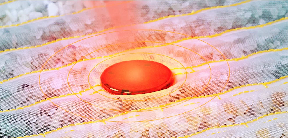 Red infrared heat therapy disc on a white, quilted fabric surface with yellow stitching for targeted pain relief.