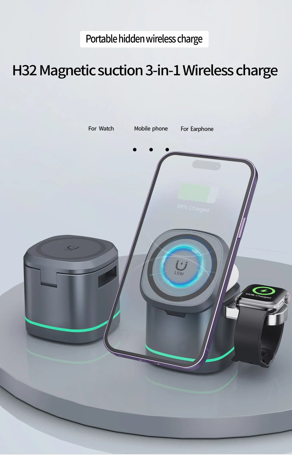 3-in-1 Foldable Wireless Charger - 15W Magnetic Fast Charging Station Tidesmit