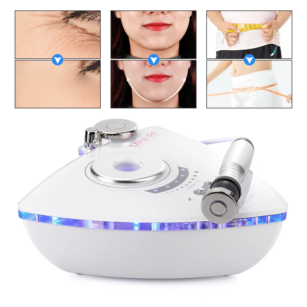 White, triangular 3-in-1 RF skin lifting machine with a metallic probe and blue LED accent light.