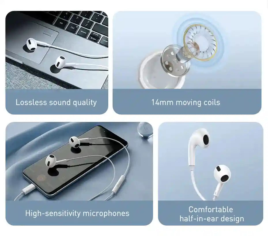 USB-C Wired Earbuds with Mic – White Noise Isolating In-Ear Headphones Tidesmit