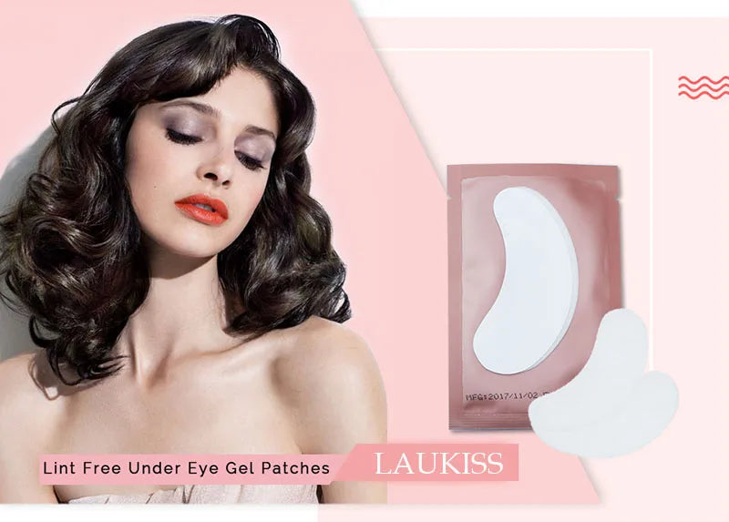 White lint-free under-eye gel patches for eyelash extensions in a soft pink package next to a woman with red lips.