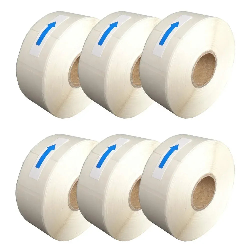 Six white water-soluble label rolls with arrow markers