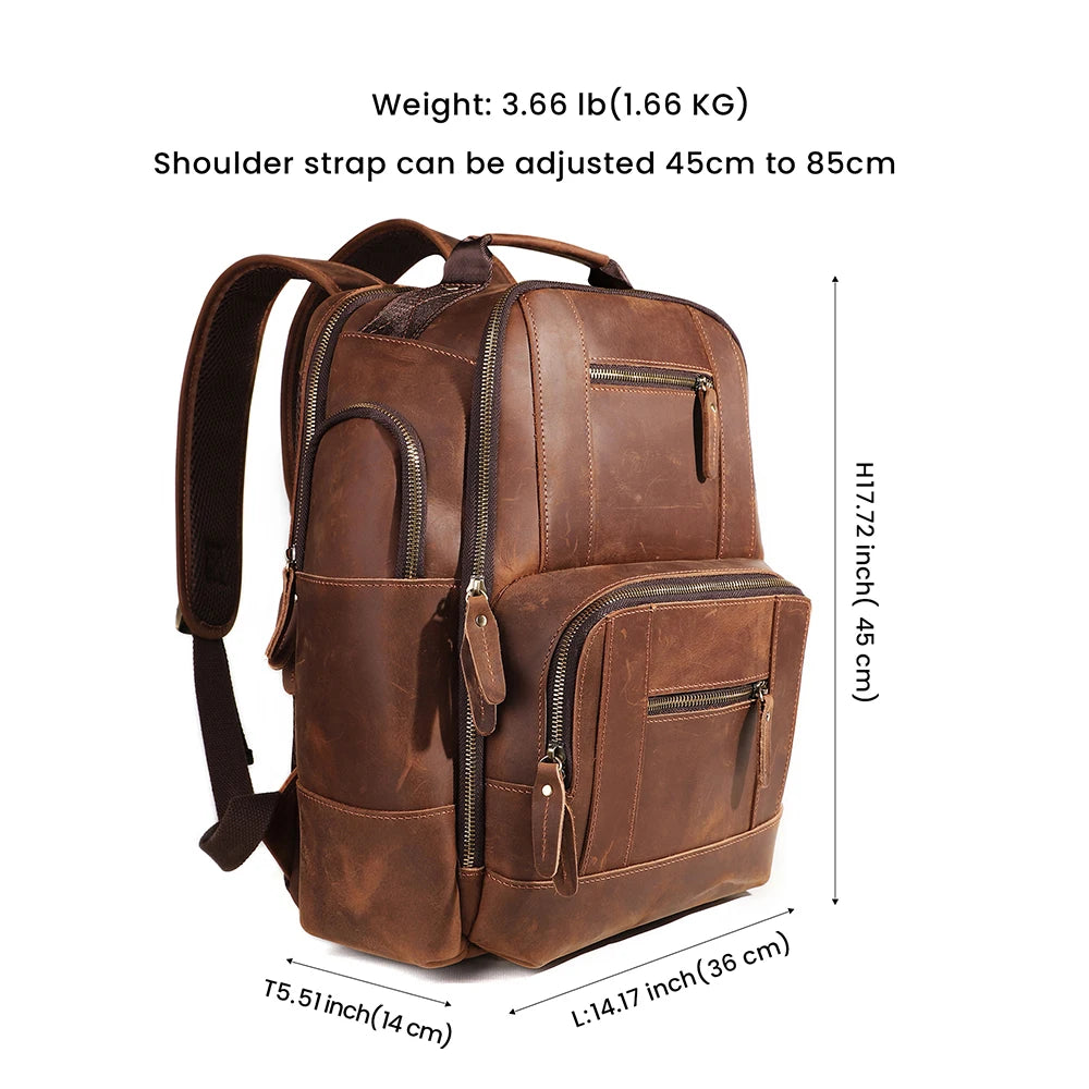 Premium Men's Crazy Horse Leather Backpack Large Capacity Business Casual Style with Fashion Accessory Shoulder Straps