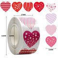 Self-adhesive heart sticker roll with red and pink heart designs and size guide