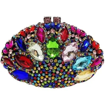 Luxury designer evening clutch featuring multicolored rhinestone crystals and oversized gems in an oval floral design.