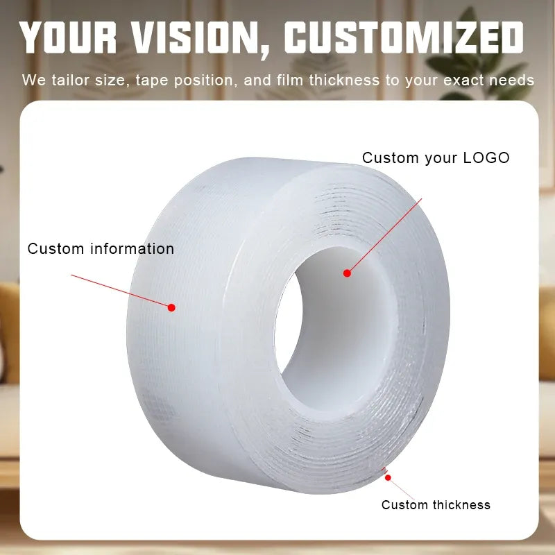 Transparent adhesive tape roll, close-up view with visible inner core and mesh texture