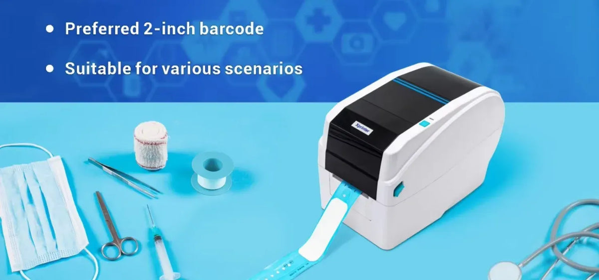 White desktop barcode printer producing a blue wristband strip