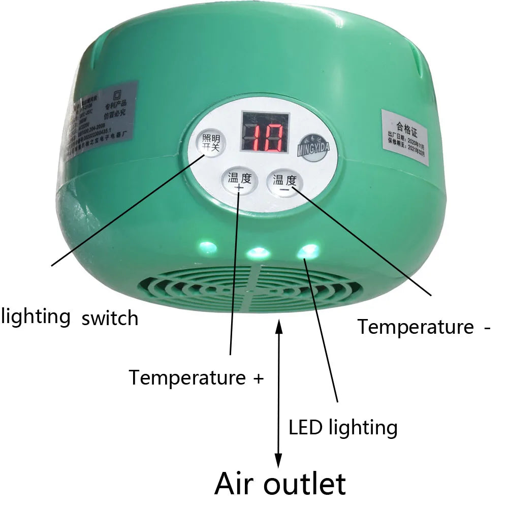 Green 300W thermostatic pet heating lamp with digital display for reptile boxes, chickens, and animal warmth.