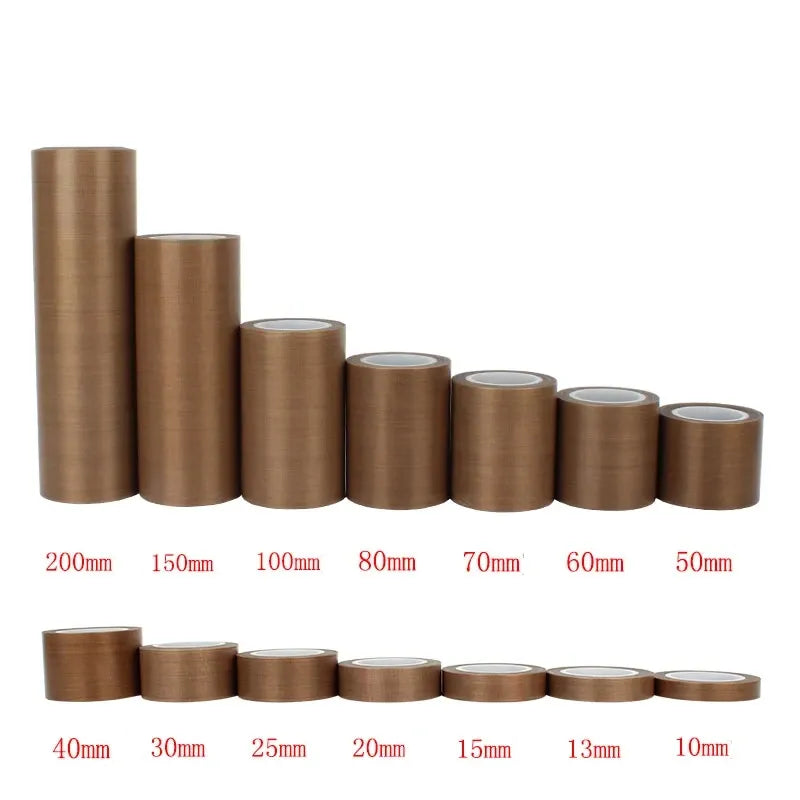 Brown PTFE tape rolls stacked in descending widths