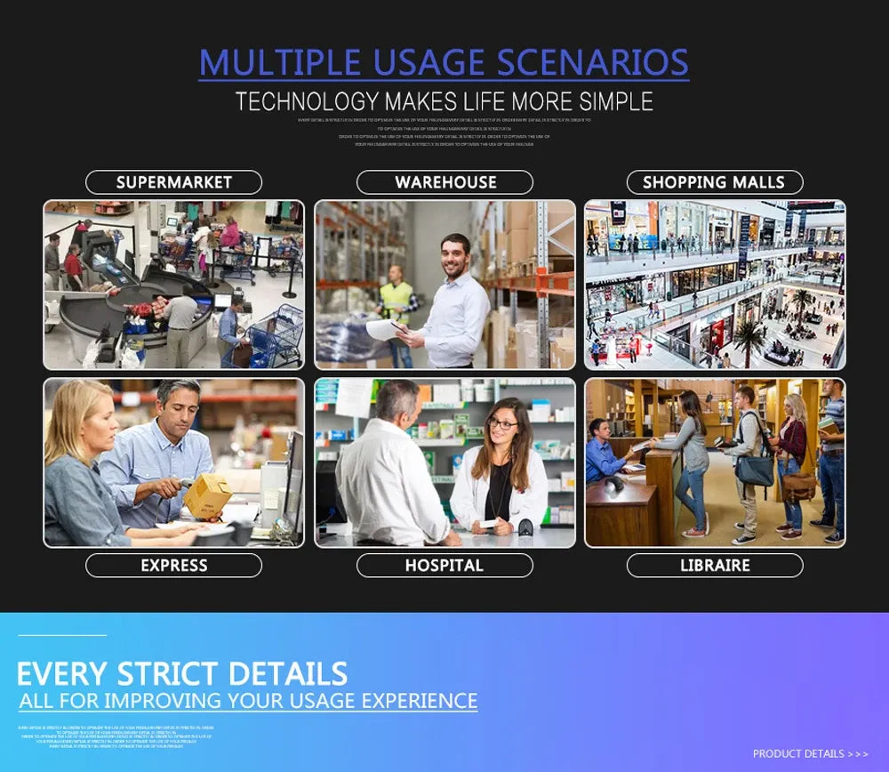 Barcode scanner usage scenarios infographic for multiple retail settings