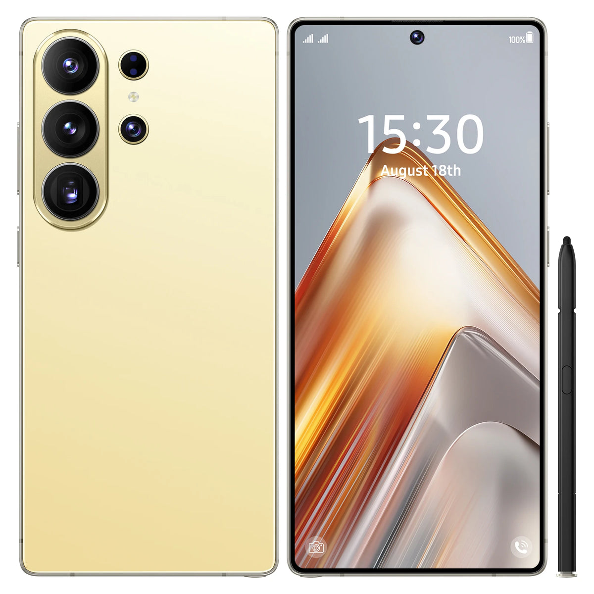 Gold smartphone with triple rear cameras and front display, plus slim stylus