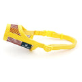 Yellow breathable mesh and leatherette dog muzzle for safe training, available in sizes for small to large dogs.
