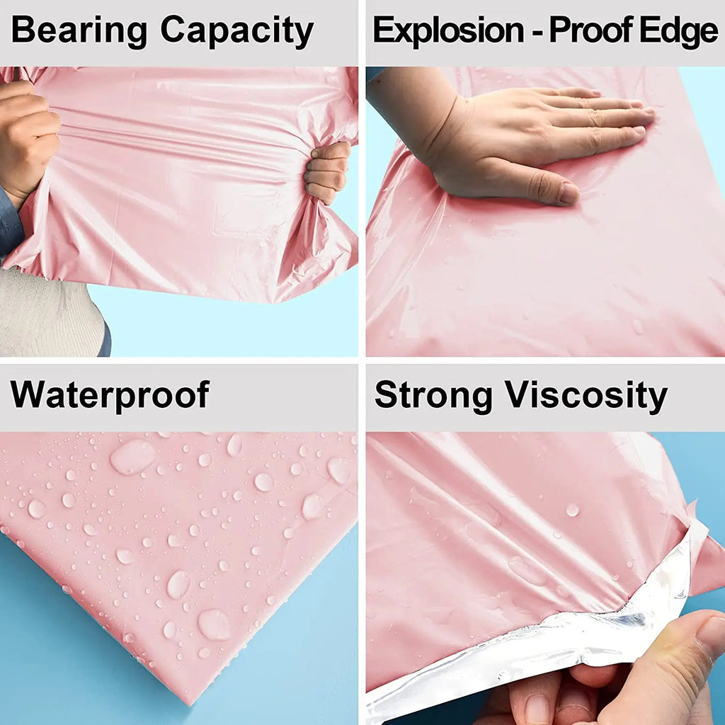 Pink poly mailing bag close-ups showing waterproof and strong edge seal details