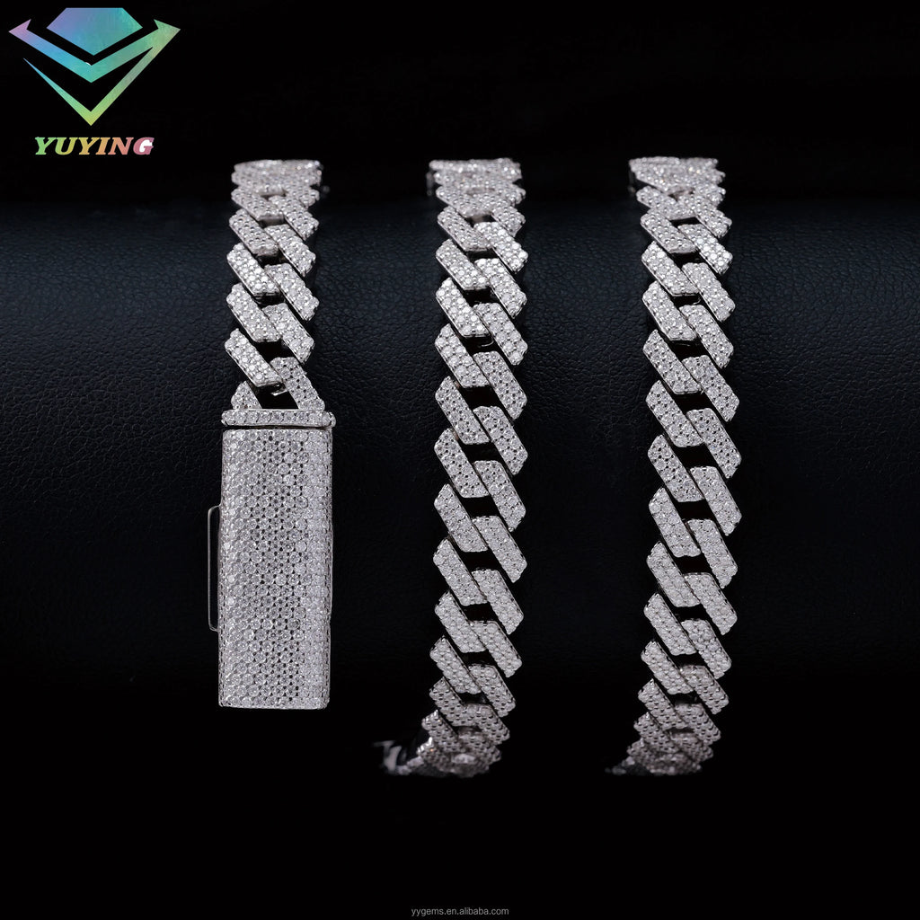 8mm-12mm Width 100% Pass Tester 18k Gold Plated 2rows VVS Moissanite  925 Silver Cuban Link Chain for Hip Hop Rapper Jewelry