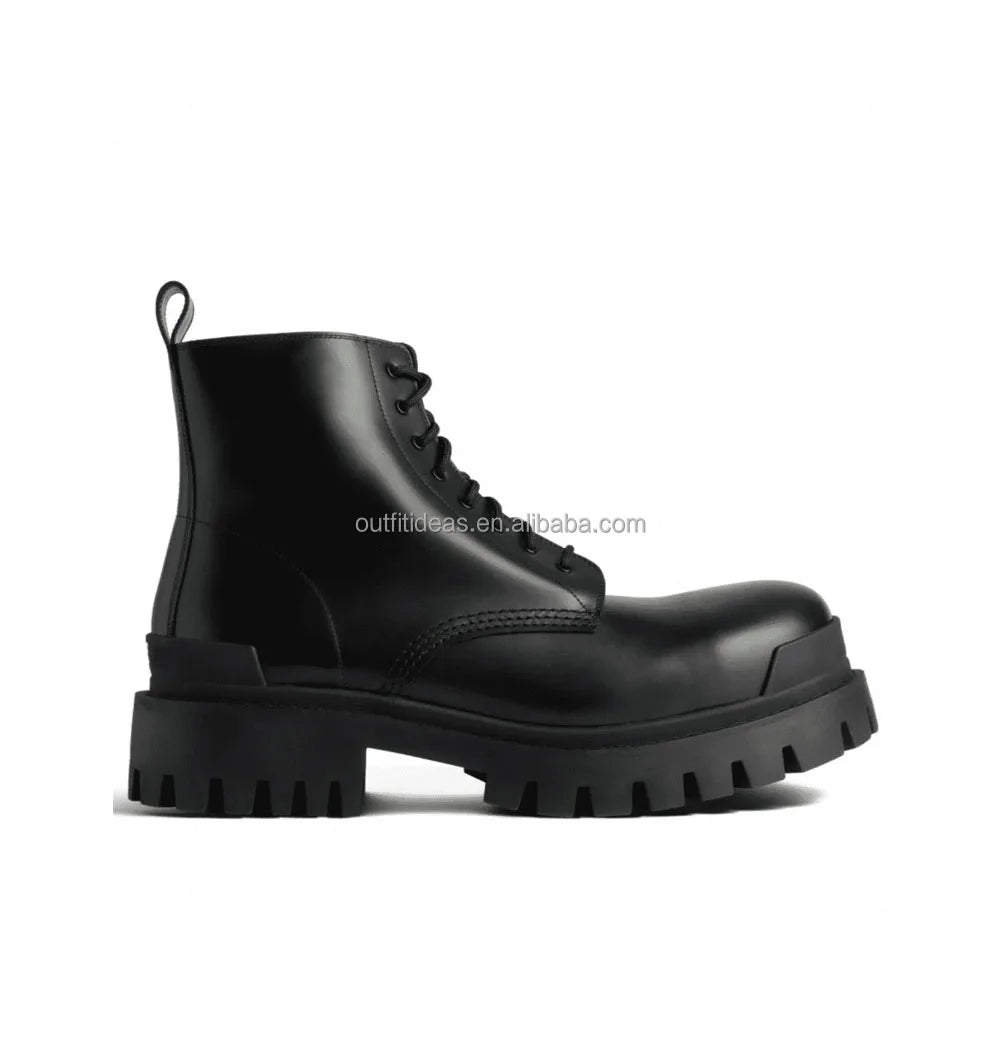 Extra Round Toe Distressed Men Leather Trendy Dress Shoes Unisex Women Strike 8 Eyelets Lace-up 20mm Black Calfskin Strike Boots