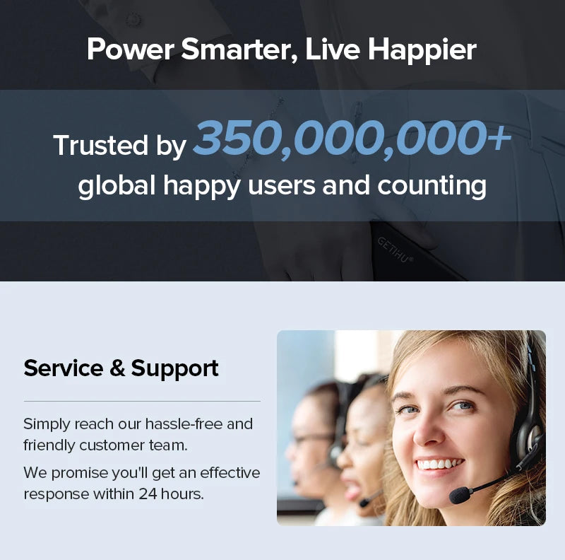 Customer service representative wearing a headset and smiling, representing support for power bank products.