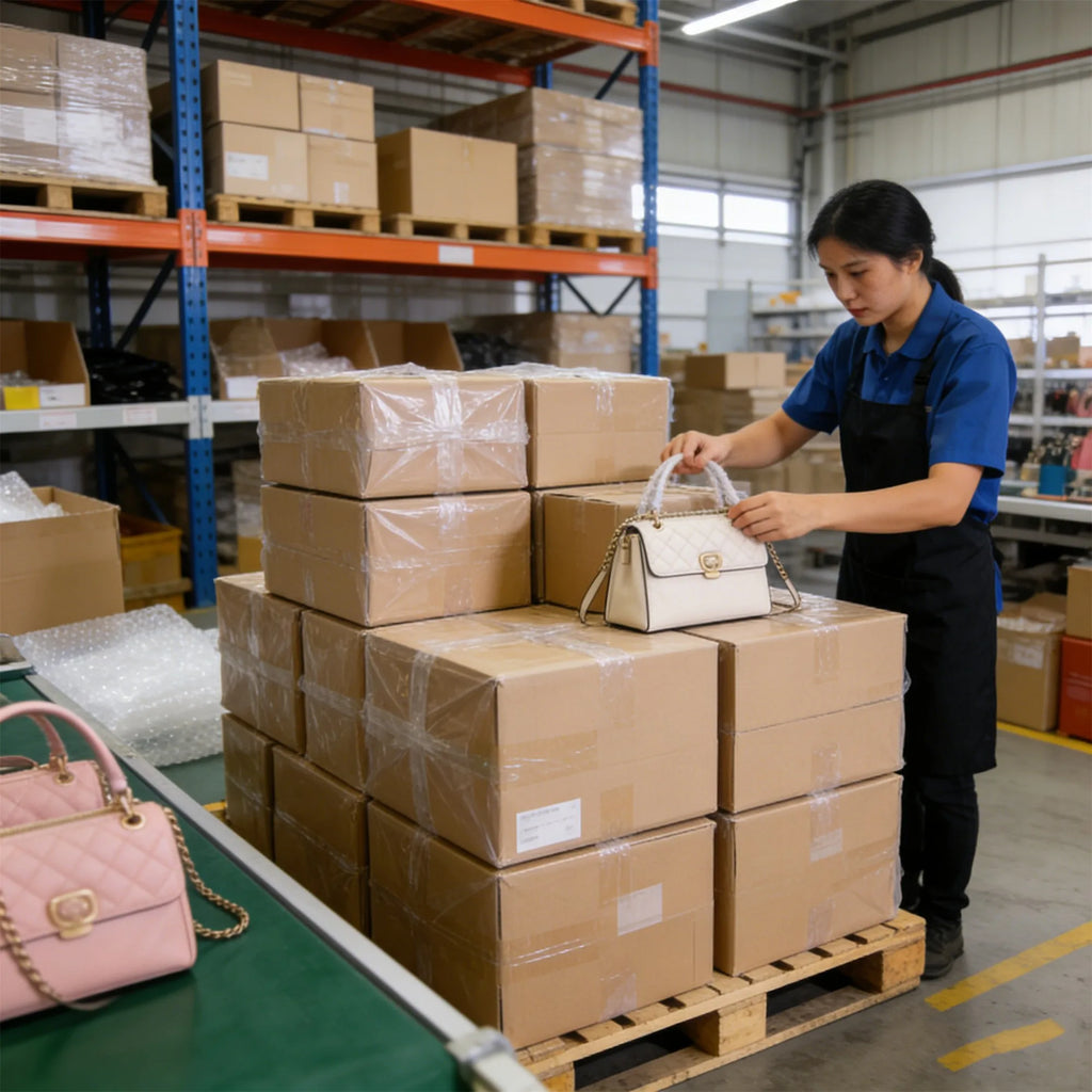 White and pink quilted designer shoulder bags with gold chain straps, organized in a warehouse packing station.