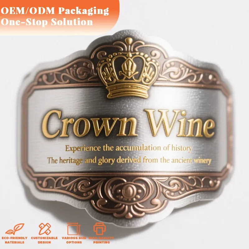 Luxury metal label sticker, embossed crown above Crown Wine in decorative filigree