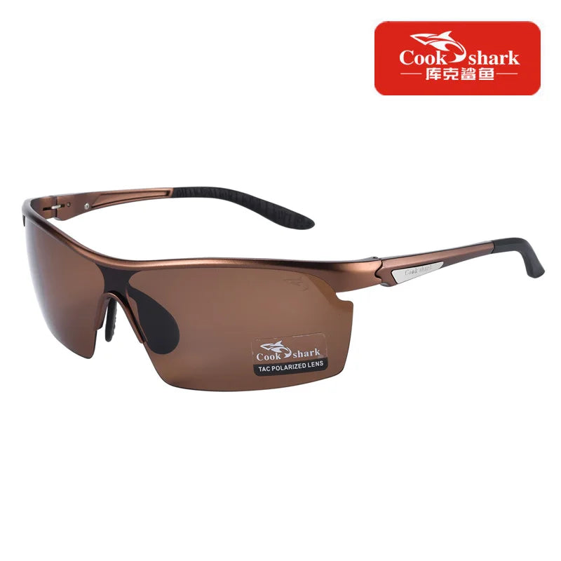 Brown sports sunglasses with a semi-rimless frame and polarized lenses for outdoor activities.