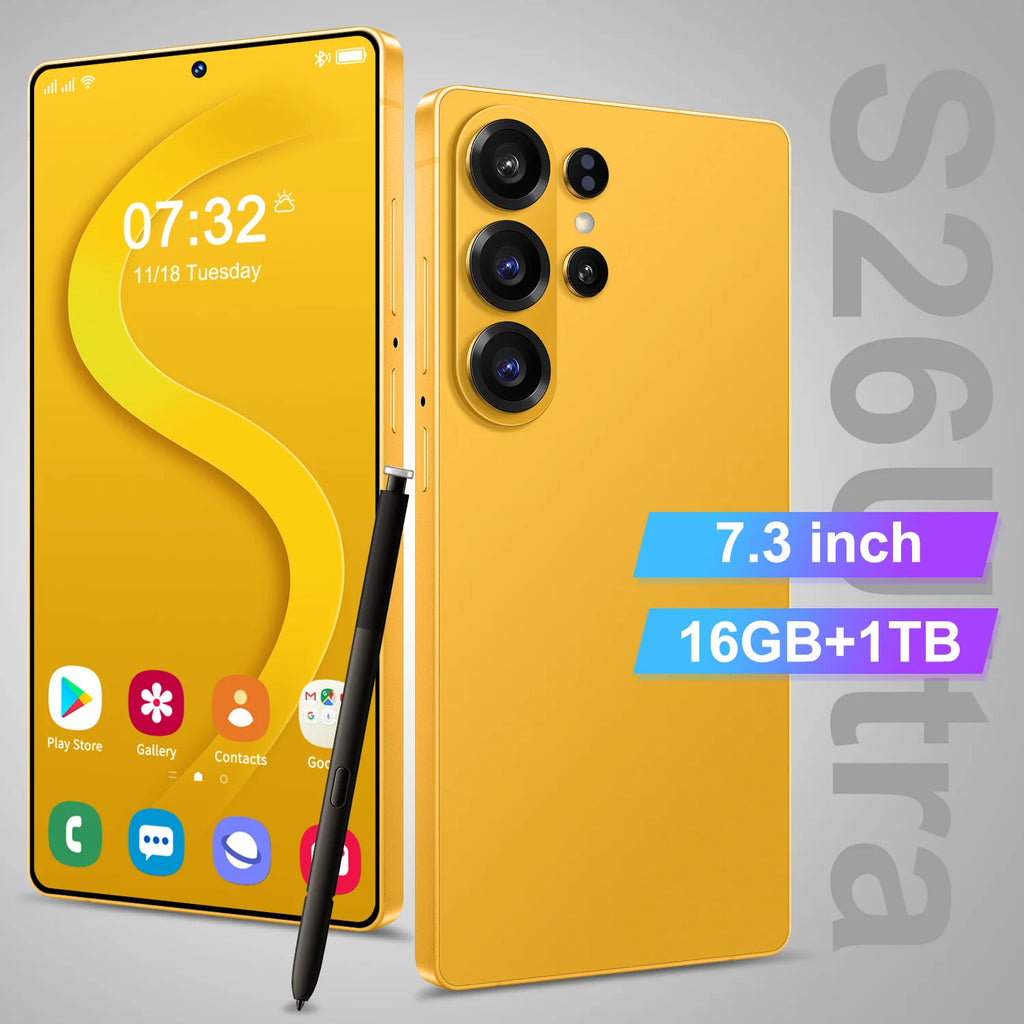 S26 Ultra 5G gaming smartphone with 16GB RAM 1TB storage 108MP camera and Android 15 in blue side view