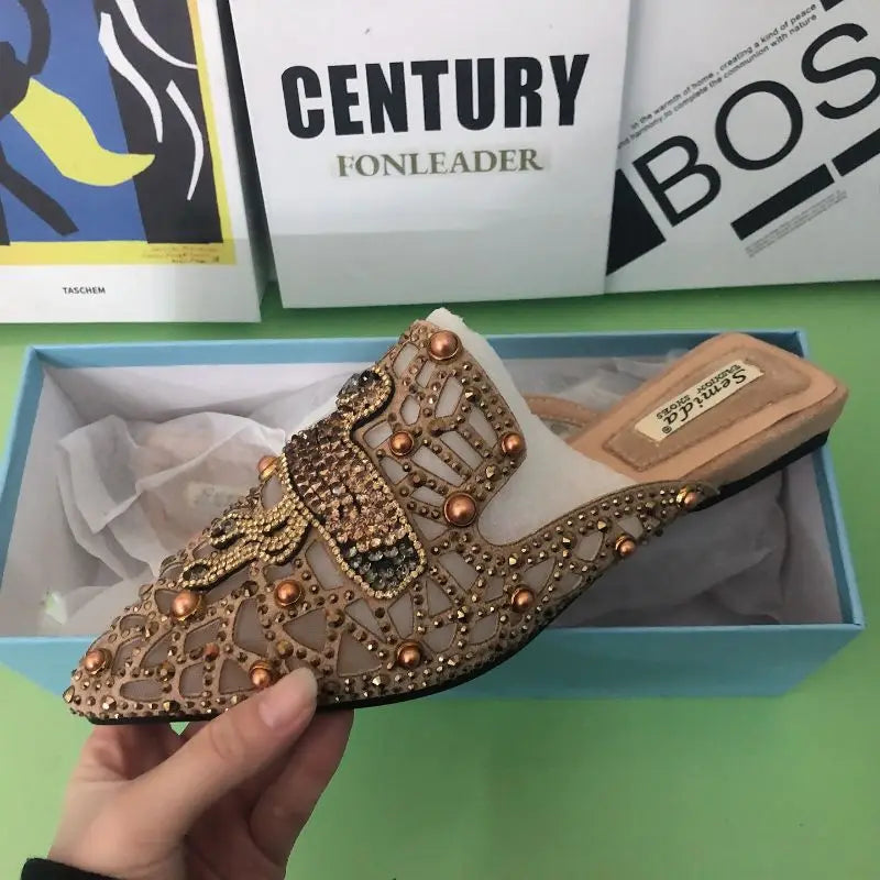 Luxury Rhinestone Outdoor Slippers Closed Toe Female Women Loafer Spring  Flat Shoes with Diamonds