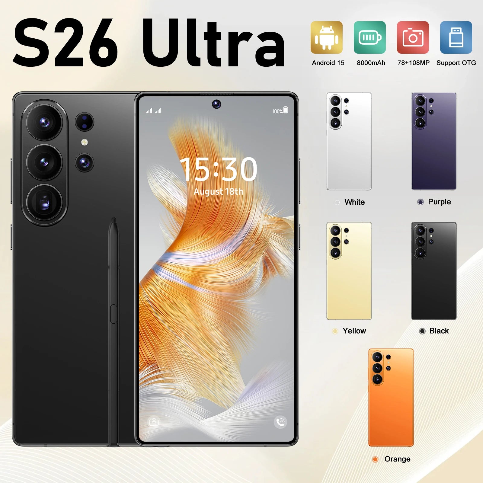 S26 Ultra Android 15 5G smartphone with 22GB RAM, 2TB storage, 108MP camera, and 144Hz display, gallery view 11