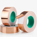 Copper foil tape roll with adhesive backing, two rolls shown for electrical use