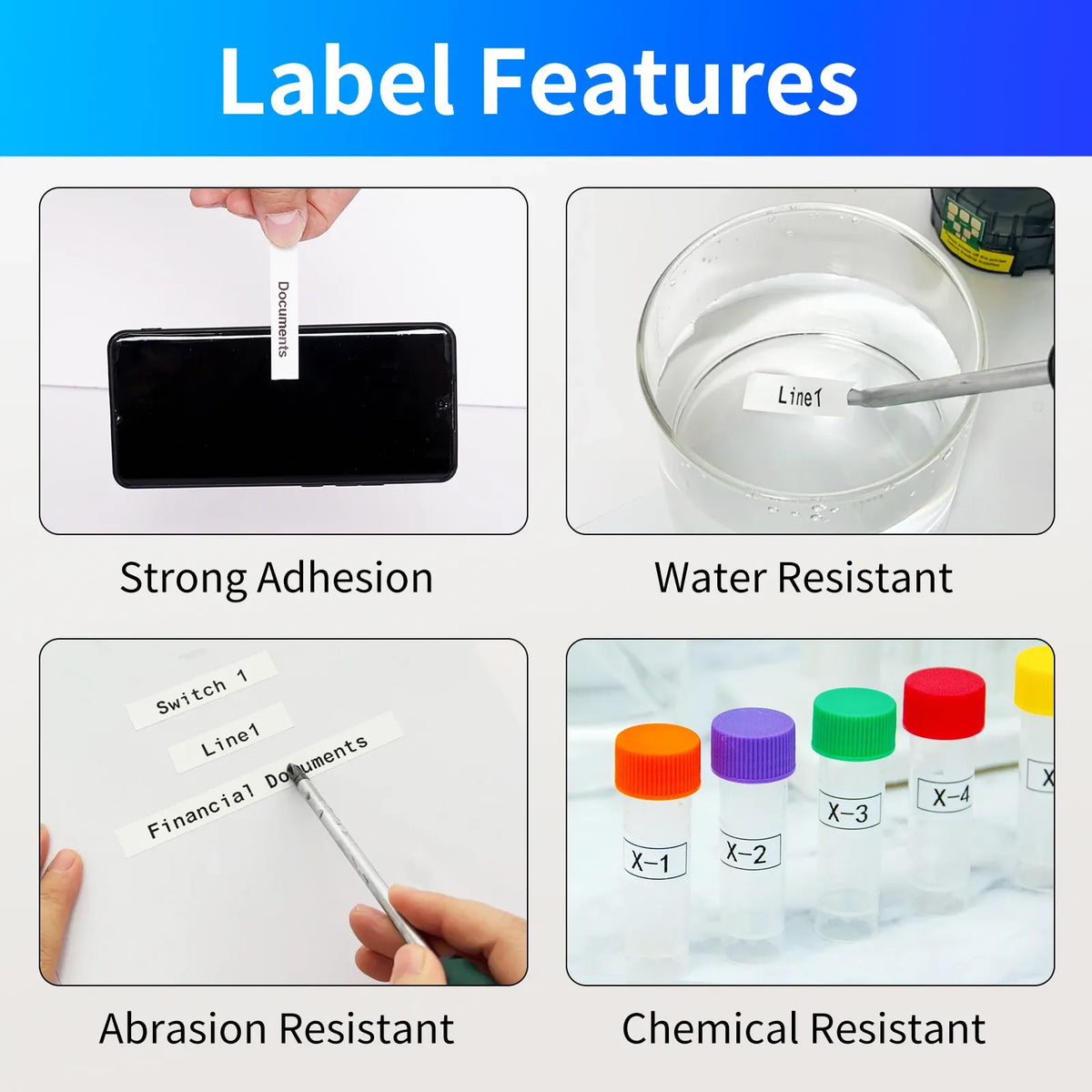 Promotional label tape feature card with samples for strong, water, abrasion, chemical resistance