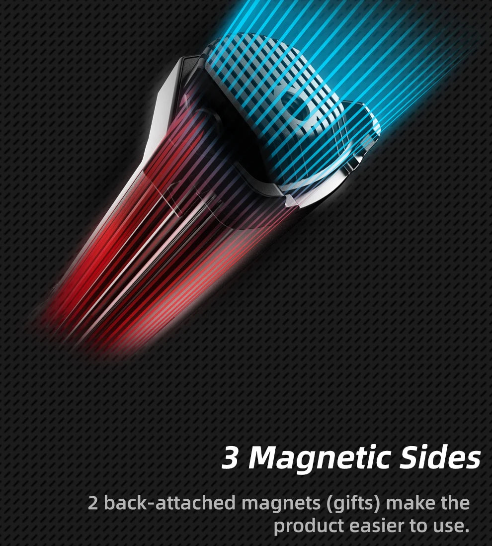 Magnetic multi-sided handheld device with a textured grip and dual magnetic attachments for improved utility.