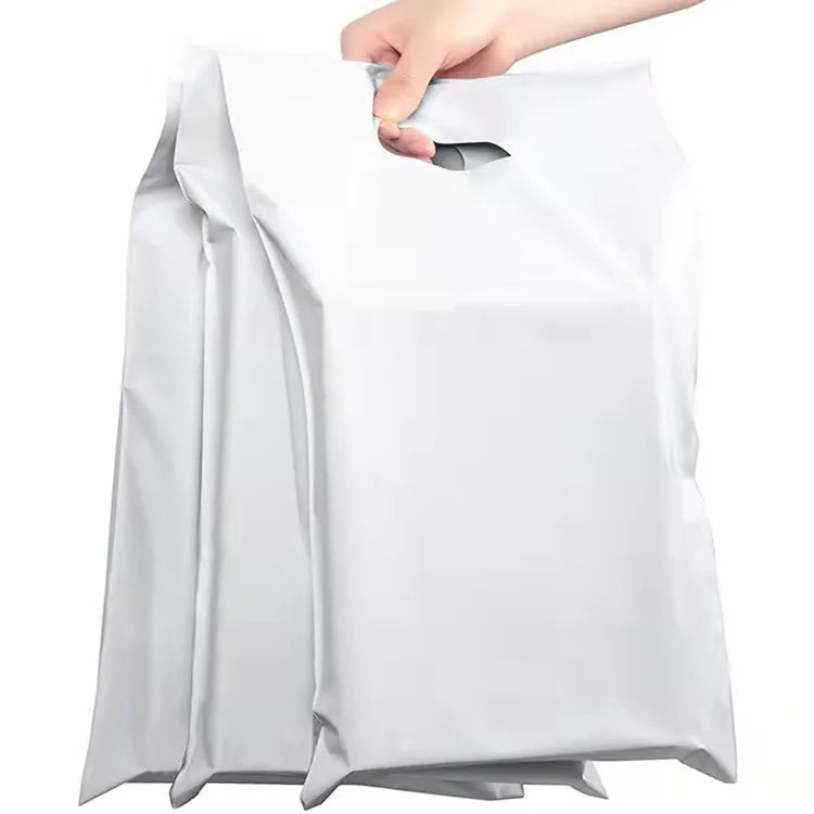 White poly square mailing bag with carry handle and side gusset folds