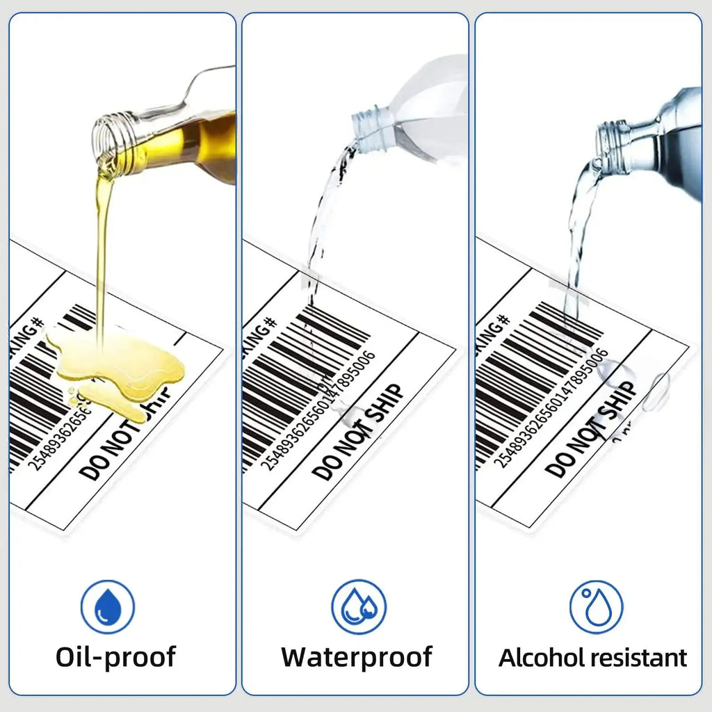Thermal barcode labels on sheets with poured oil, water, and alcohol resistance
