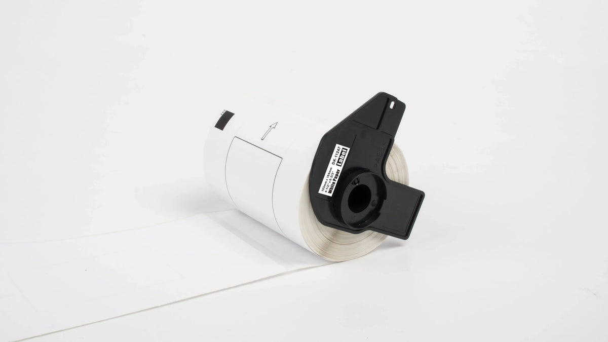 Thermal label roll with holder and visible core, compact package