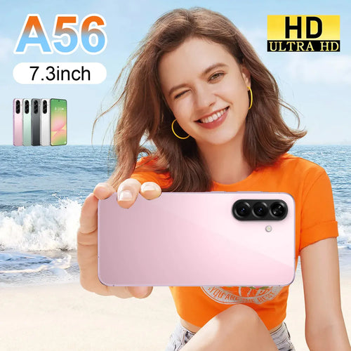 Pink smartphone front and back held in hand, showing triple rear cameras and screen.