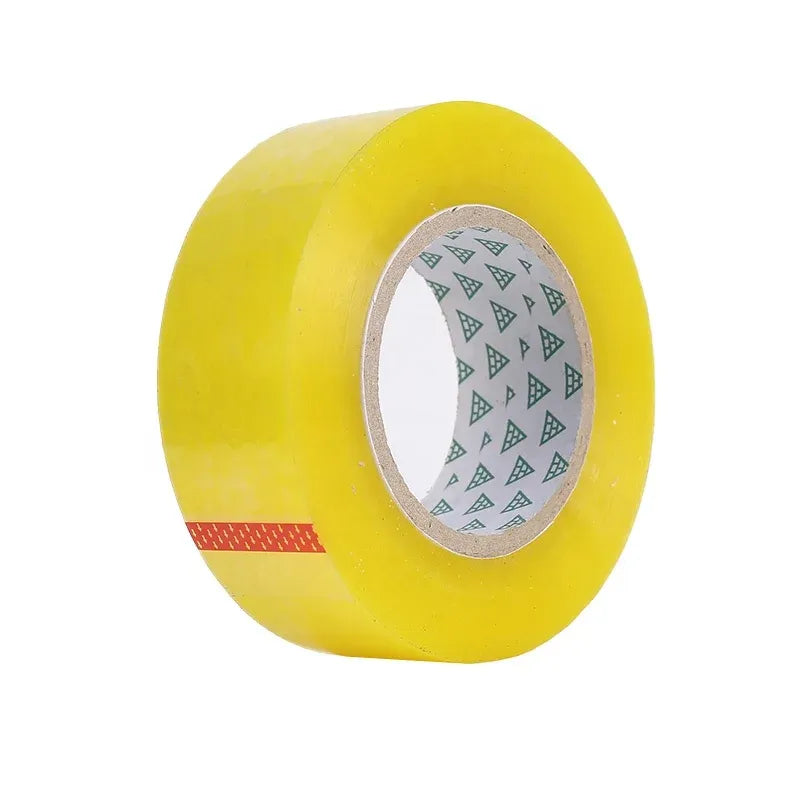 Yellow packing tape roll with printed inner core and red outer stripe