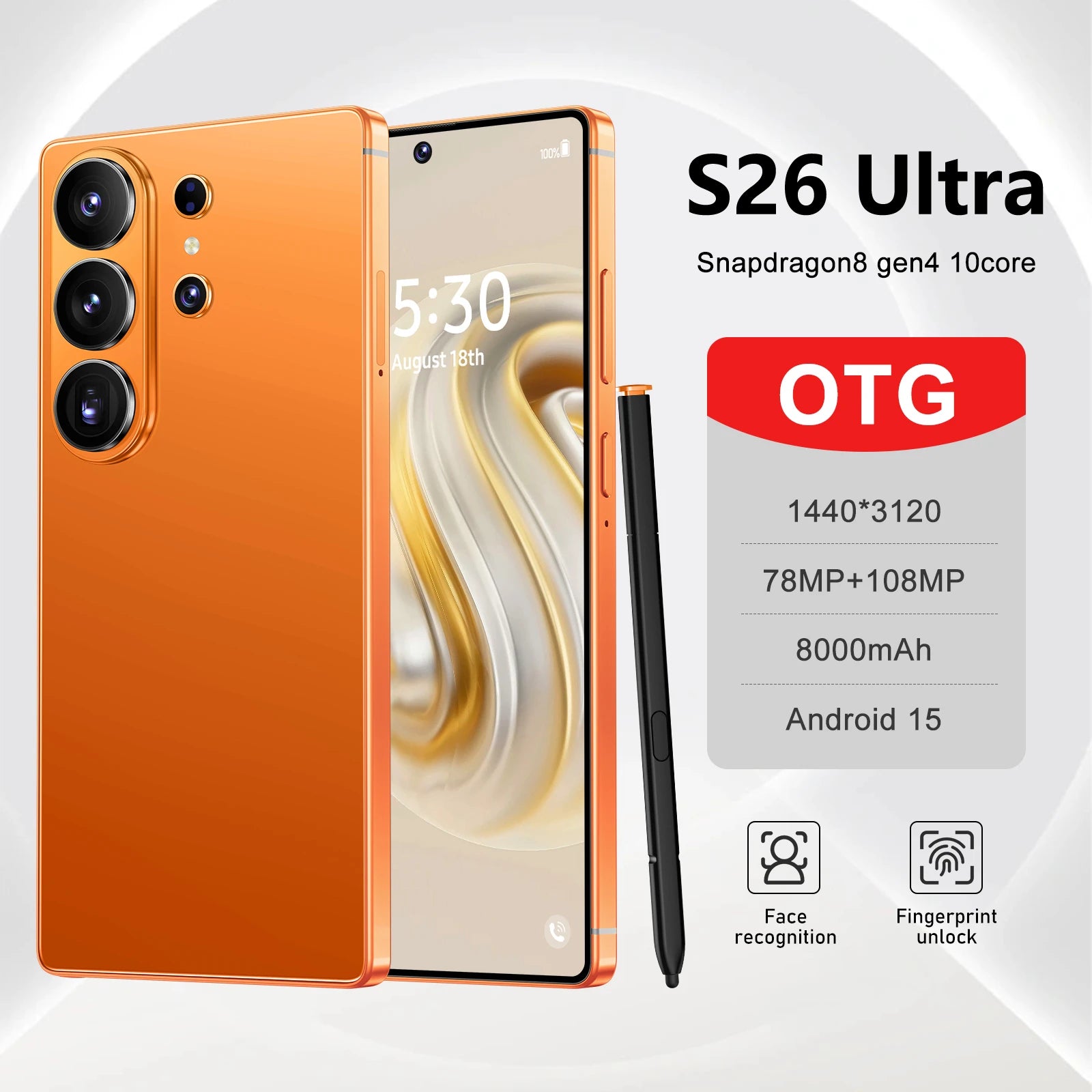 2026 S26 Ultra Smartphone with 7.3 inch HD display 16GB RAM 1TB storage 108MP camera and Android 15 unlocked