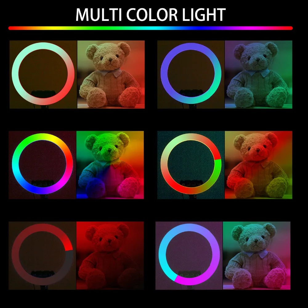 RGB LED ring light emitting various colored lights to illuminate a teddy bear, demonstrating multiple lighting modes.