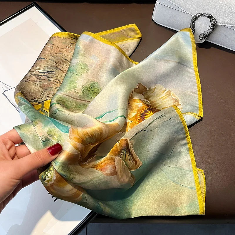 Women's Spring Autumn Mulberry Silk Square Scarf, Elegant Geometric Print, Soft & Smooth Neck Scarf