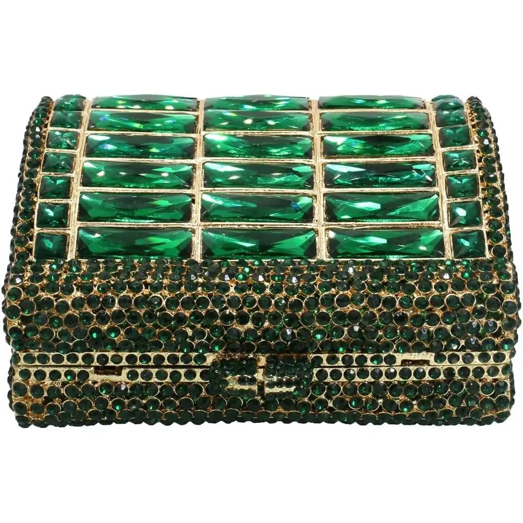 Emerald green crystal evening clutch with baguette stones and rhinestone pavé, gold frame luxury designer handbag.