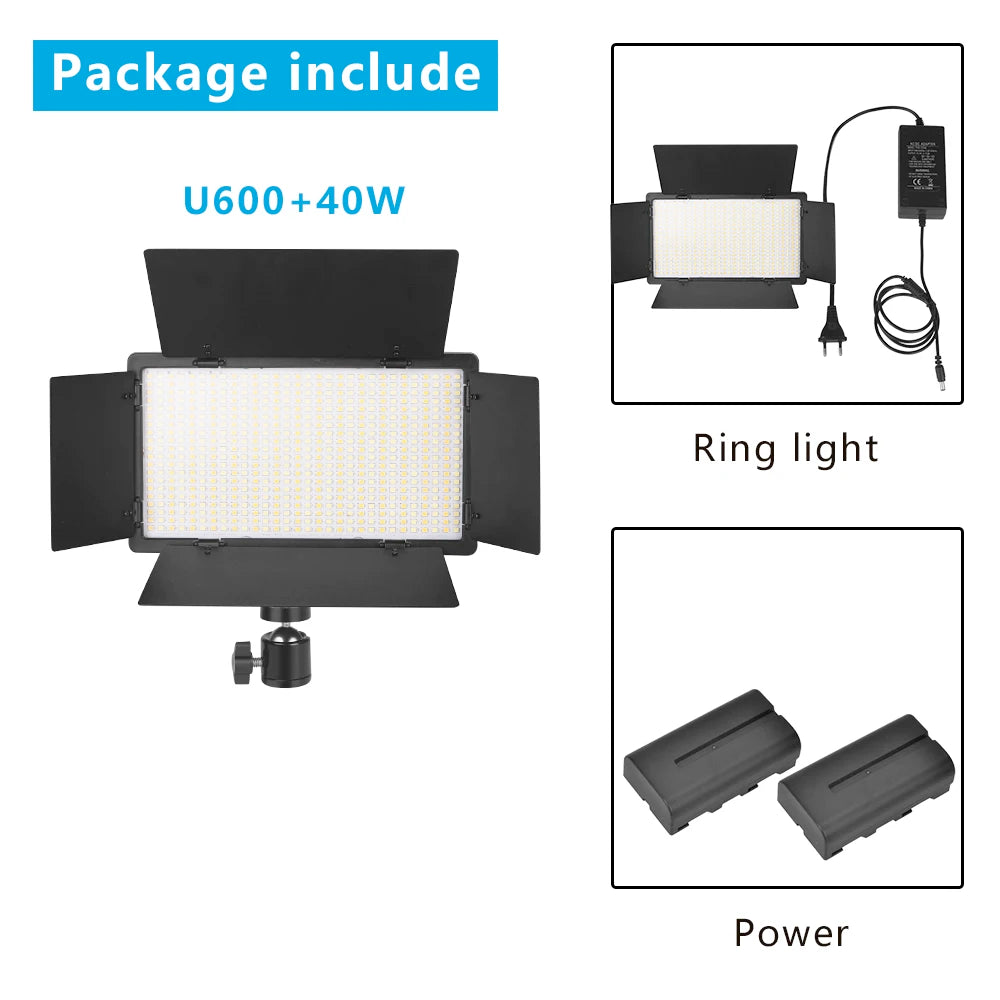 U600 40W rectangular LED video light with barn doors, ball head mount, power adapter, and two rechargeable batteries.