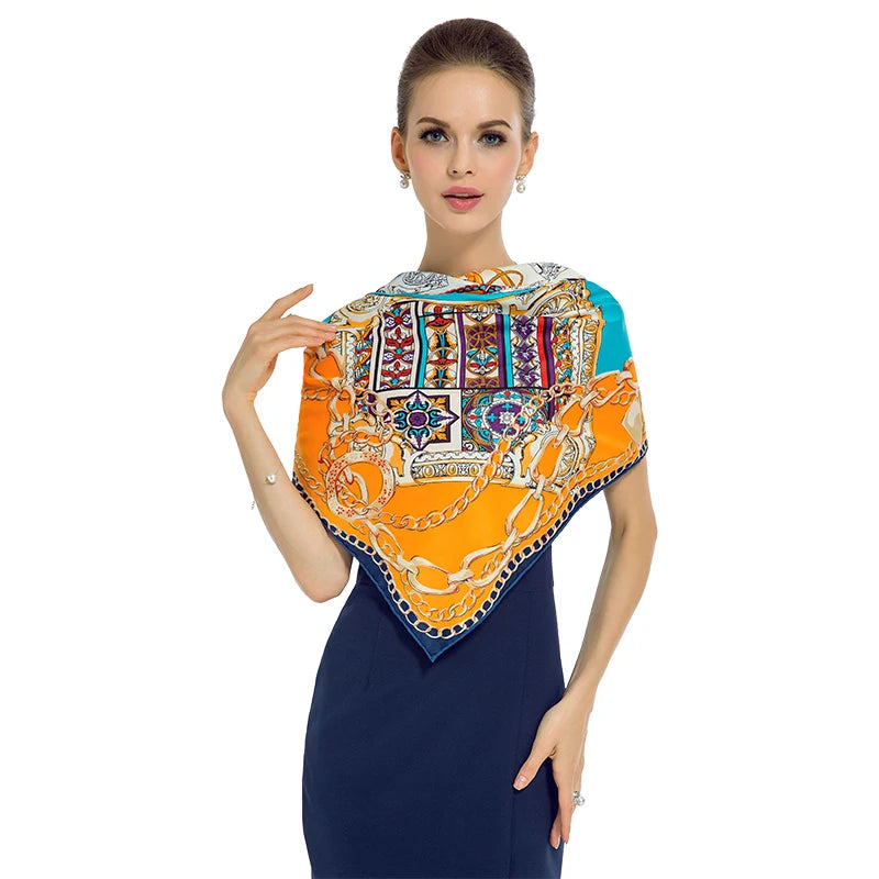 Twill Silk Feeling Scarf for Women 130*130 cm Euro Design Fashion Leopard Chain Print Square Scarves Luxury Gift Large Shawls