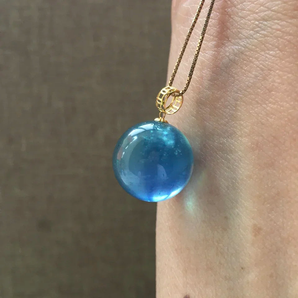 14mm Natural Ocean Aquamarine Beads Classic Pendant Necklace Women Men 18k Silver Wealth Gift Healing Crystal Jewelry