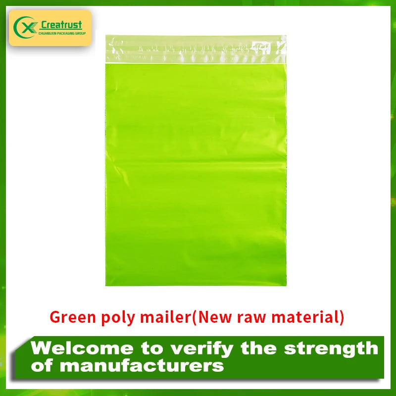 Green poly mailer courier shipping bag with self-seal closure strip
