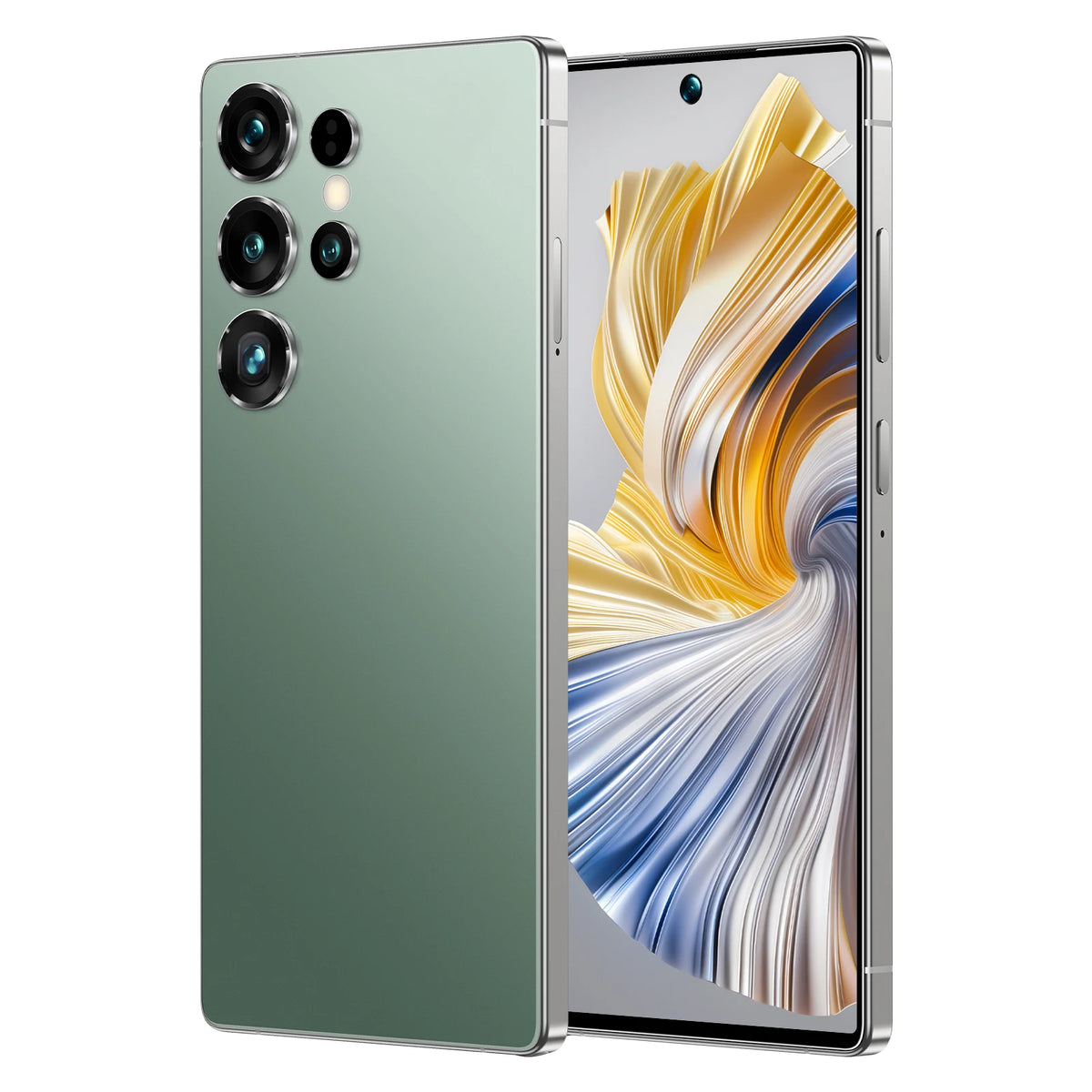 Green smartphone with triple rear cameras and front screen with gold and blue abstract waves
