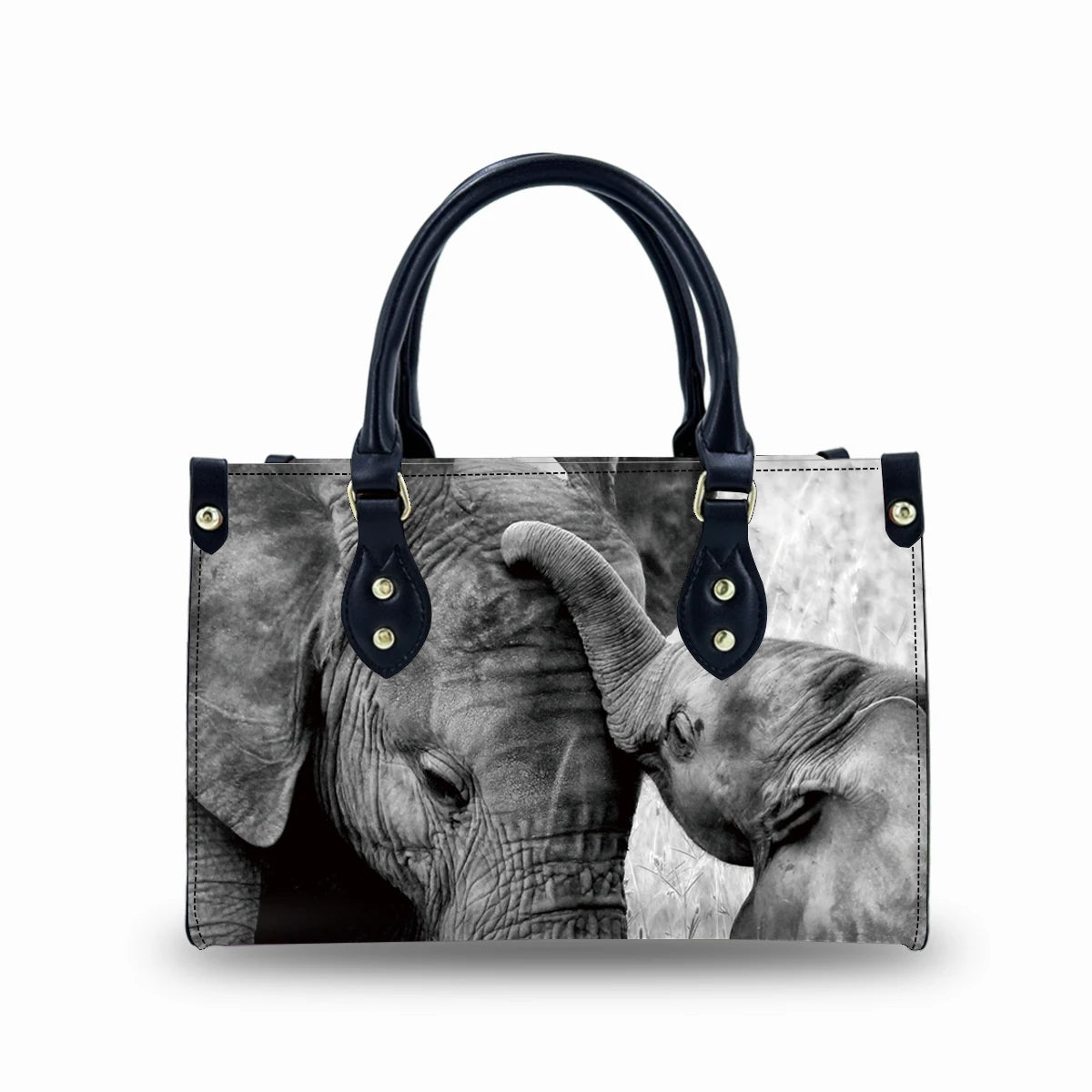 Genuine leather ladies trunk handbag with black handles and a black-and-white elephant trunks custom logo print.