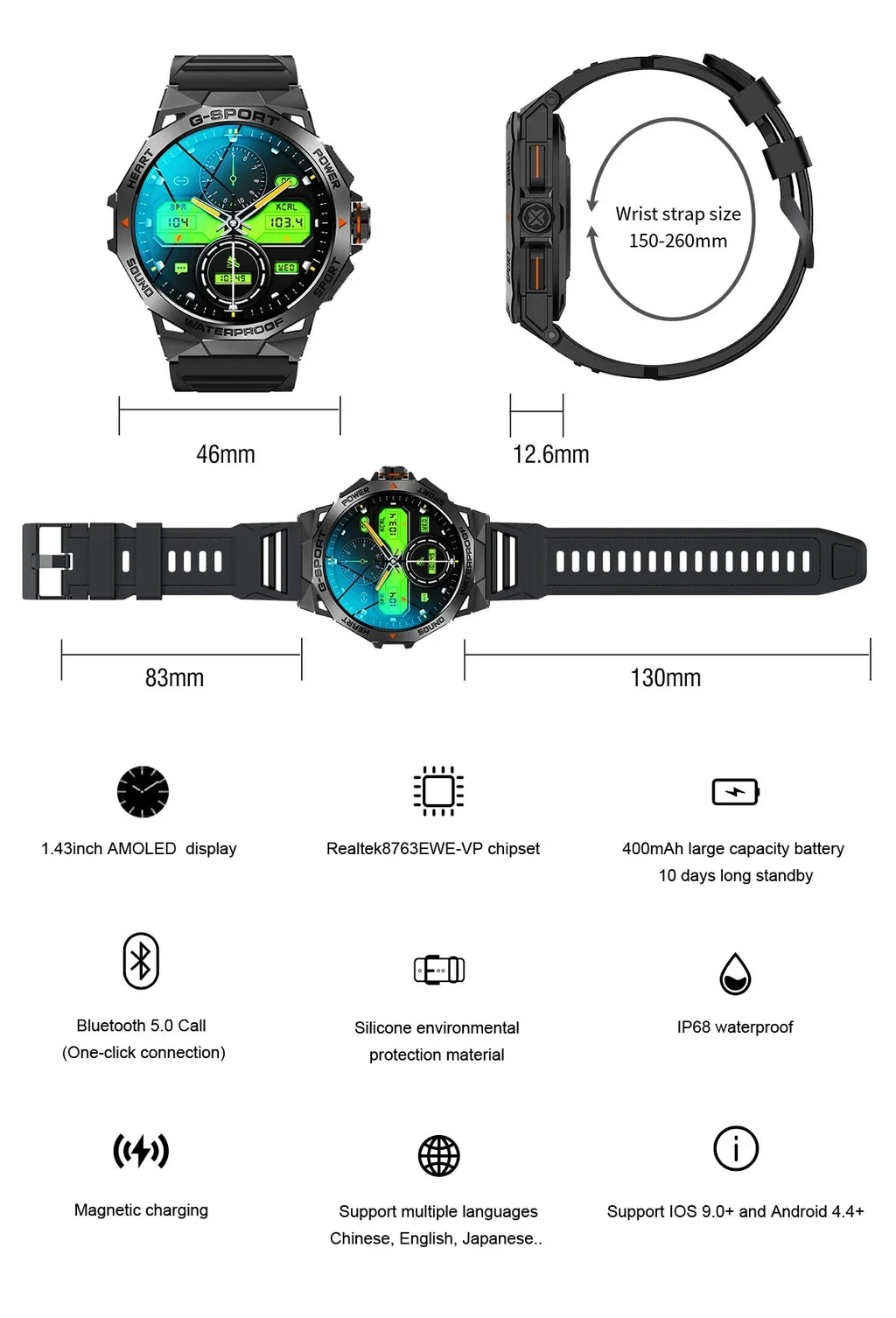 Smartwatch 1.43-Inch AMOLED Fitness Tracker - Black/Orange My Store