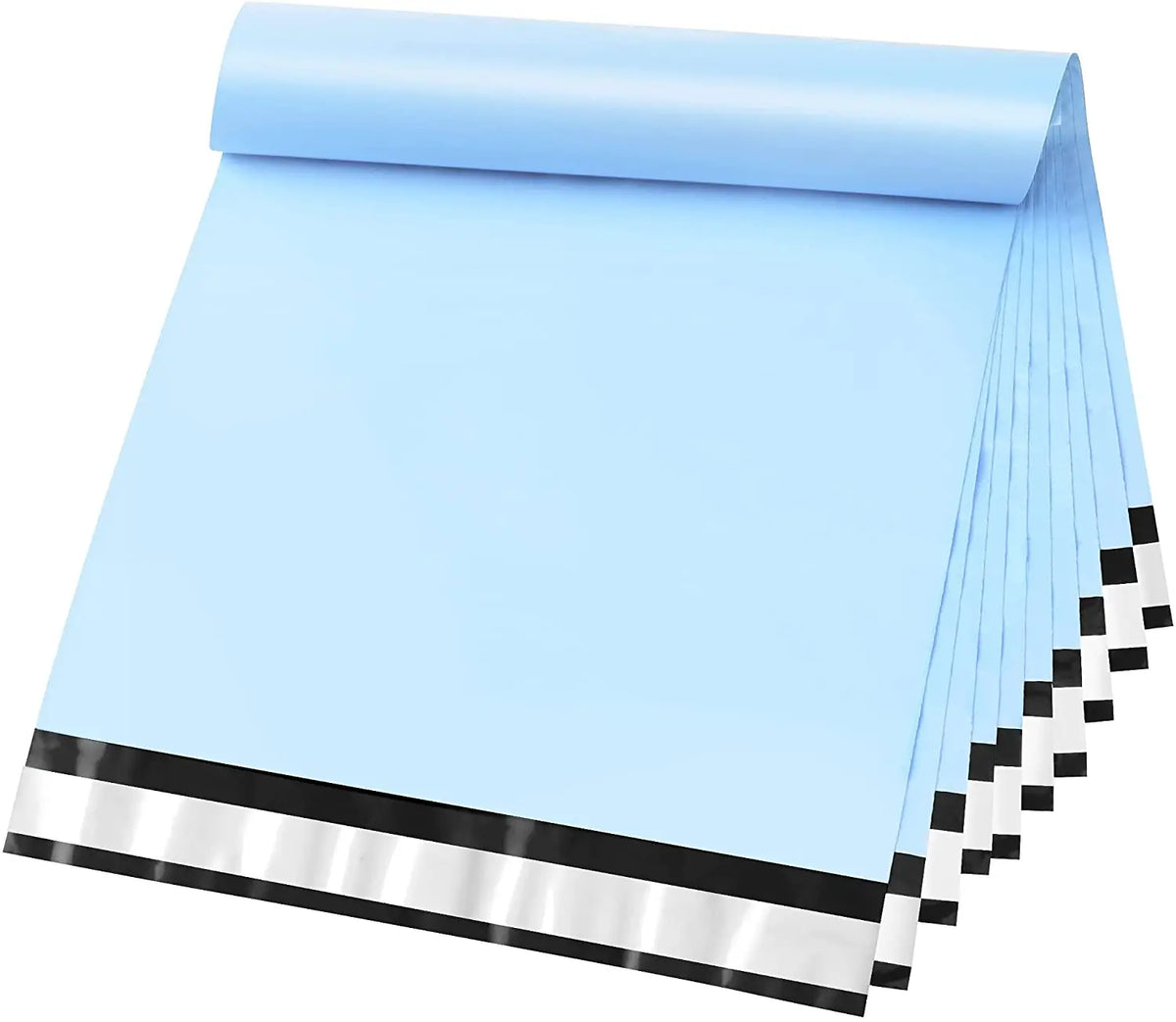 Light blue poly mailer bags stack with silver strip seal