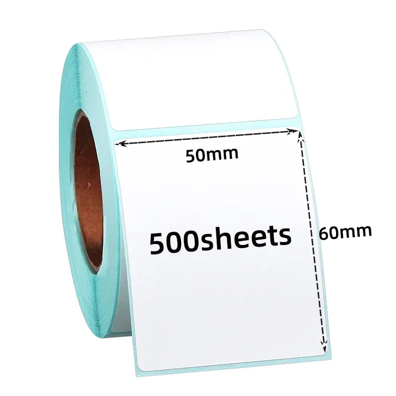 Direct thermal label roll, 50x60mm, 500 sheets per roll, white labels on teal backing.