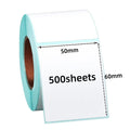 Direct thermal label roll, 50x60mm, 500 sheets per roll, white labels on teal backing.
