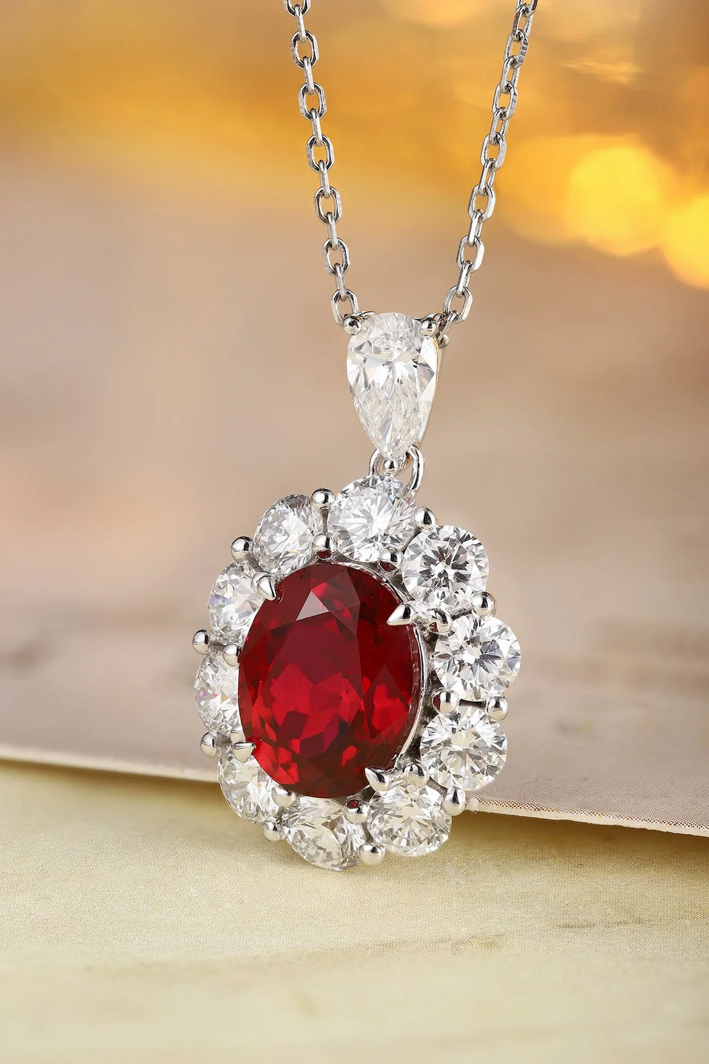 Lanphear Jewelry PT950 Platinum Four-Prong Claw Setting Necklace-Oval Cultured Ruby & Cultured Diamond for Gift, Anniversary